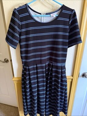 Navy Blue Short-Sleeve Fit-and-Flare Dress with Light Blue Stripes